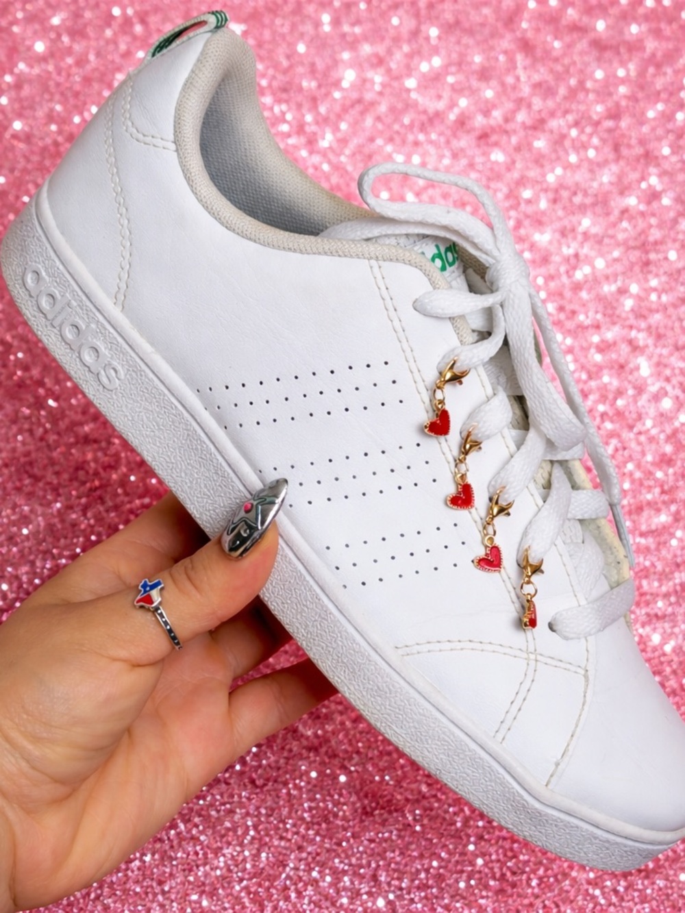 adidas White Sneakers with Red Heart Lace Charms